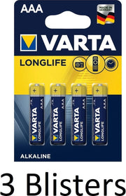12 Stuks (3 Blisters a 4 st) Varta Longlife Extra AAA Batterij - Alkaline