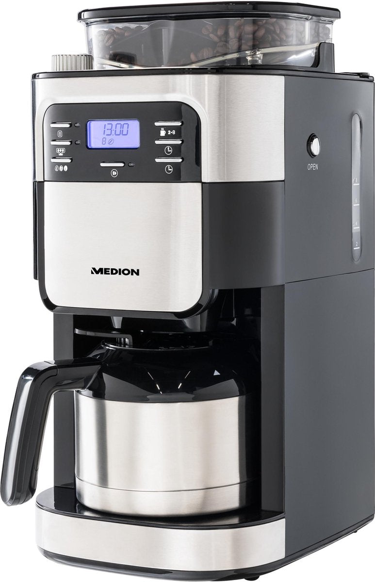 MEDION Koffiemachine met molen en thermoskan MD 19777 | LED display | Druppelstop | koffiebonenmolen | 900 watt | Inhoud 1