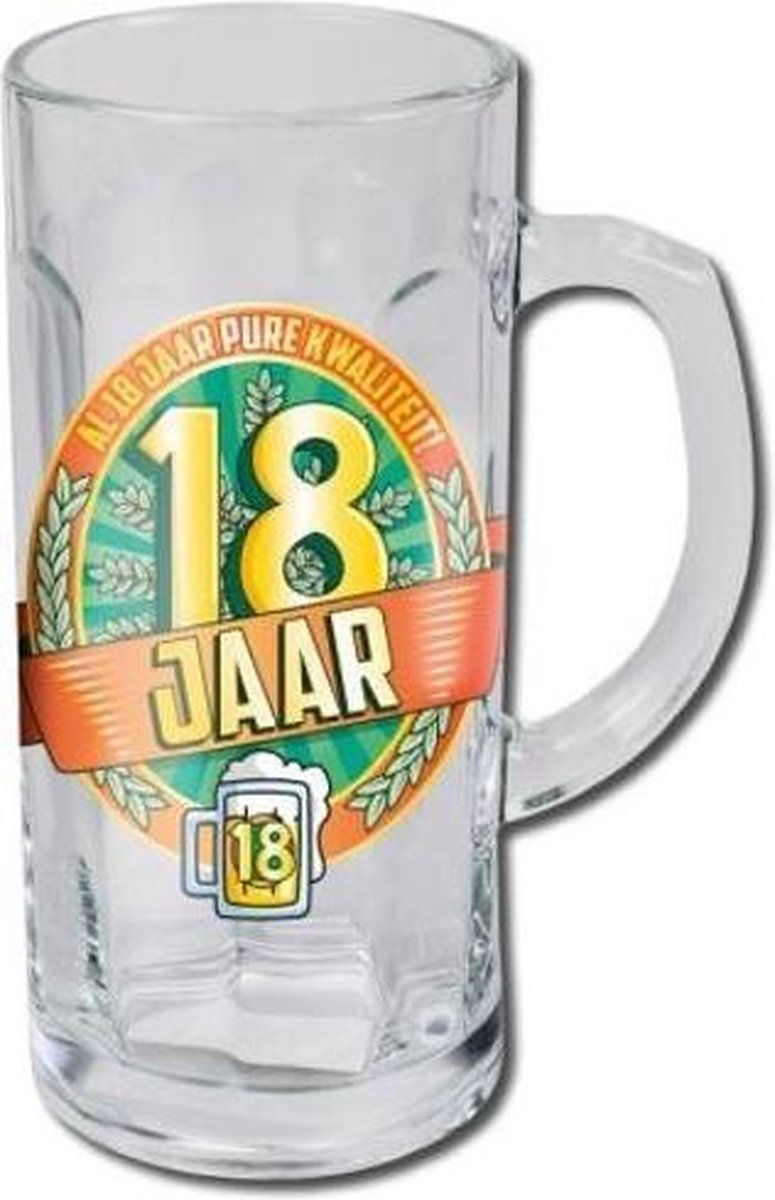 Verjaardag - Bierpul - 18 Jaar - Gevuld met gemengde drop - In cadeauverpakking  met gekleurd lint