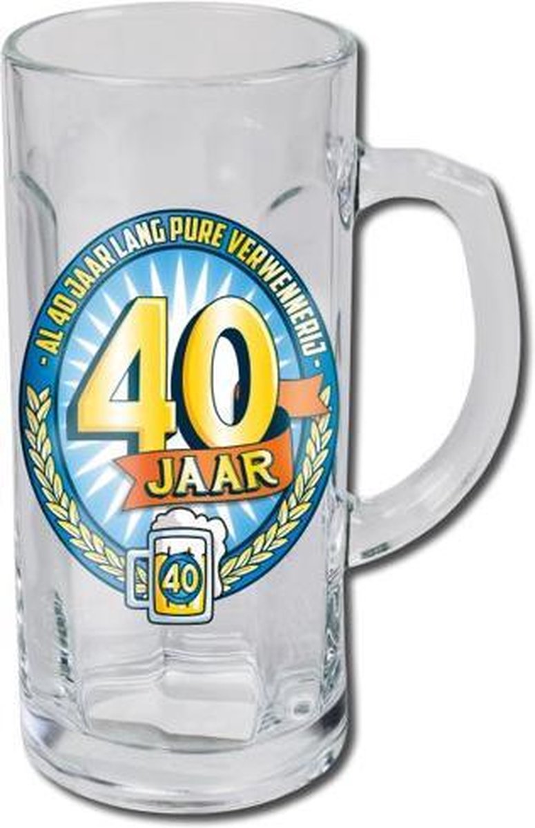 Verjaardag - Bierpul - 40 Jaar - Gevuld met gele snoepmix - En een schuimkraag van witte snoepmix - In cadeauverpakking  met gekleurd lint