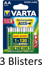 12 Stuks (3 Blisters a 4 st) Varta Oplaadbare Batterijen AA 2100 mAh