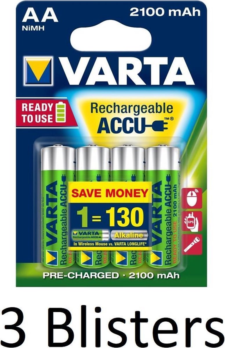 12 Stuks (3 Blisters a 4 st) Varta Oplaadbare Batterijen AA 2100 mAh