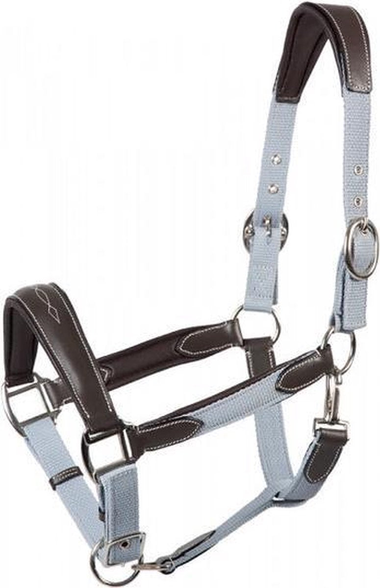 PFIFF halster 'Caline' met leren applicatie PONY lichtblauw-bruin