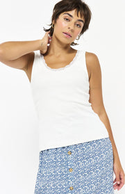 Tanktop met fijn ribpatroon en kant - Wit