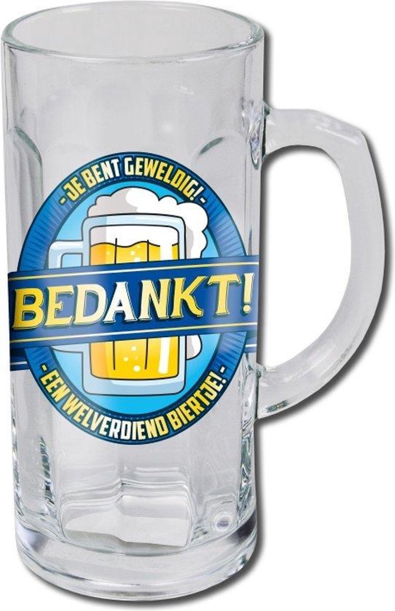 Bierpul - Bedankt - Gevuld met gele snoepmix - En een schuimkraag van witte snoepmix - In cadeauverpakking  met gekleurd lint