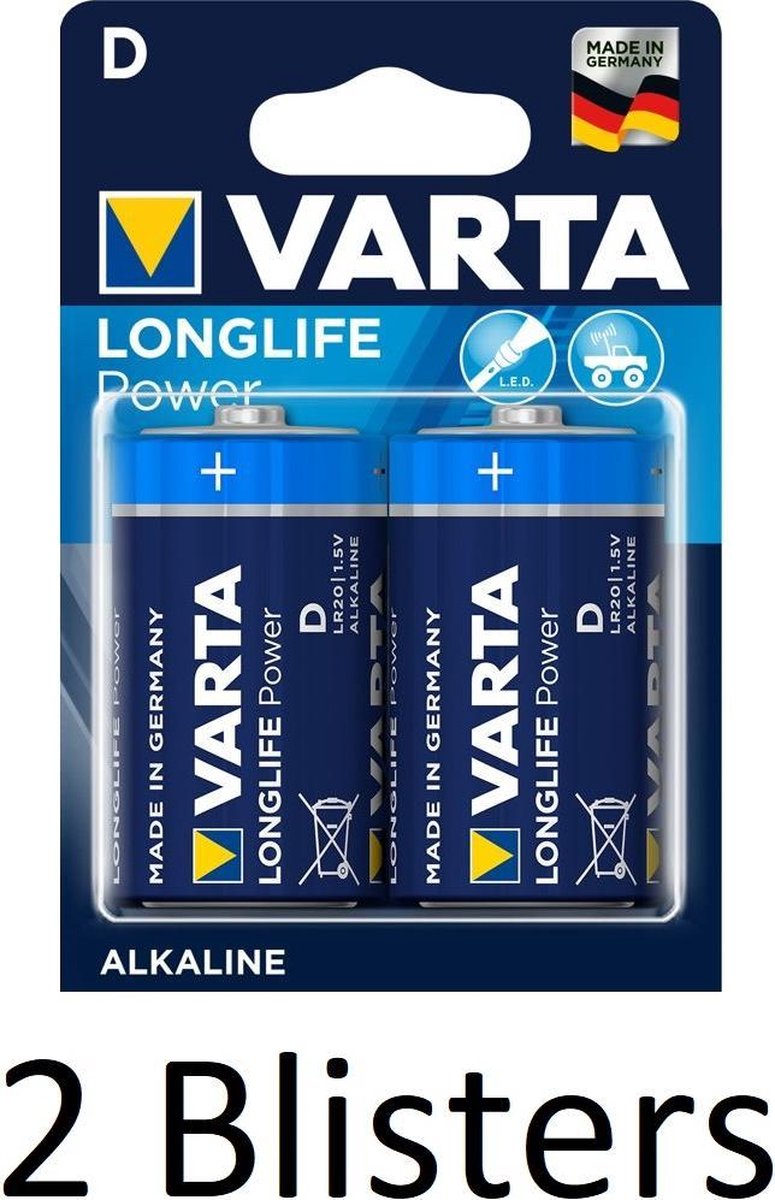 4 Stuks (2 Blisters a 2 st) Varta Longlife Power D Batterijen