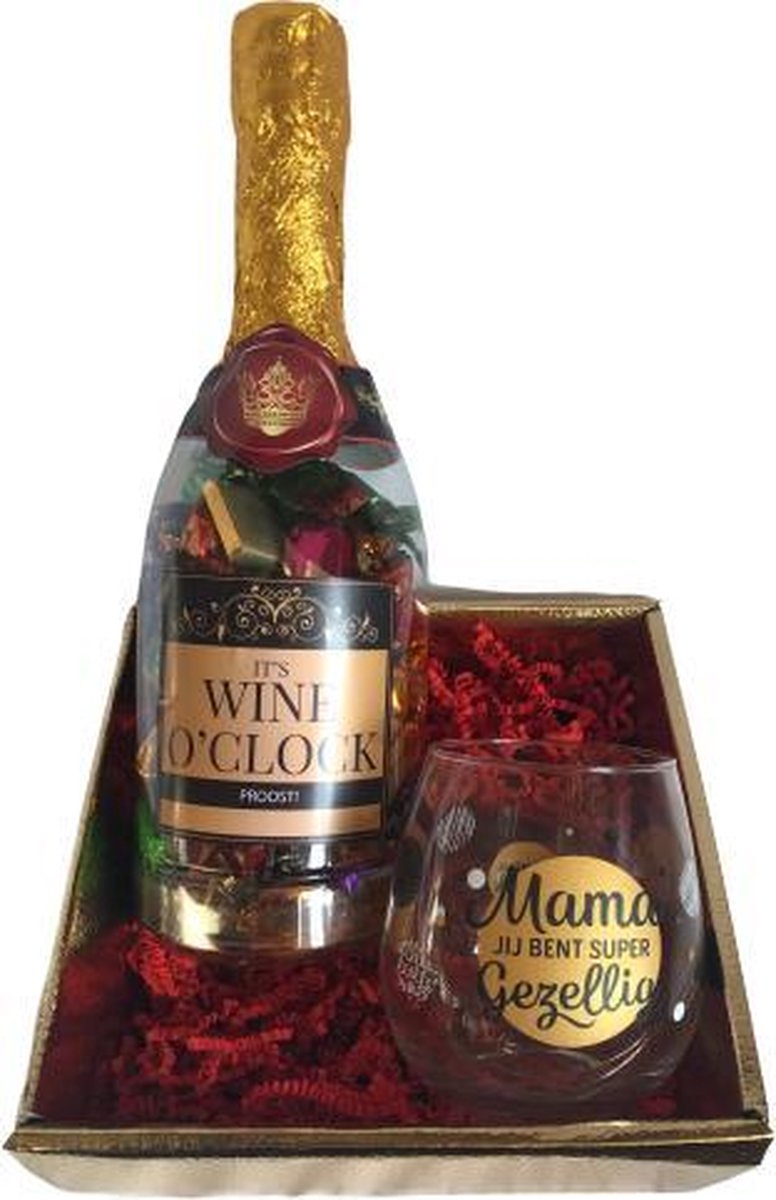 Moederdag - Verjaardag - Cadeaupakket Wijn - Champagnefles met tekst "It's Wine o'clock" - Gevuld met luxe cocktailmix - Wijnglas met tekst "Mama jij bent super gezellig" - In cadeauverpakking met gekleurd lint