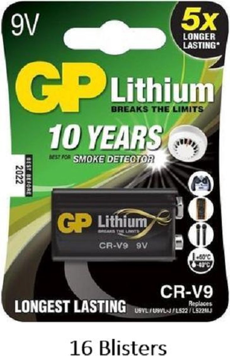 16 stuks (16 blisters a 1 stuks) GP Lithium 9V/FR9