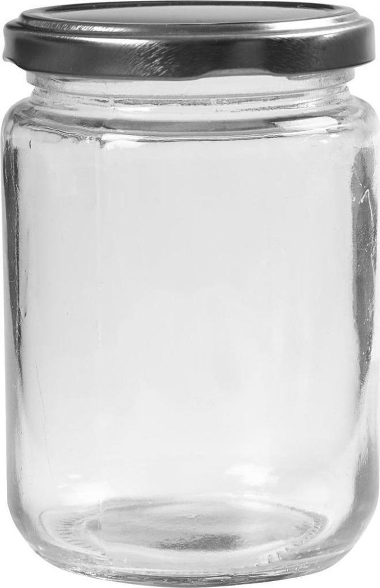 Glazen pot. transparant. H: 11 cm. d: 7.5 cm. 370 ml. 6 stuk/ 1 karton