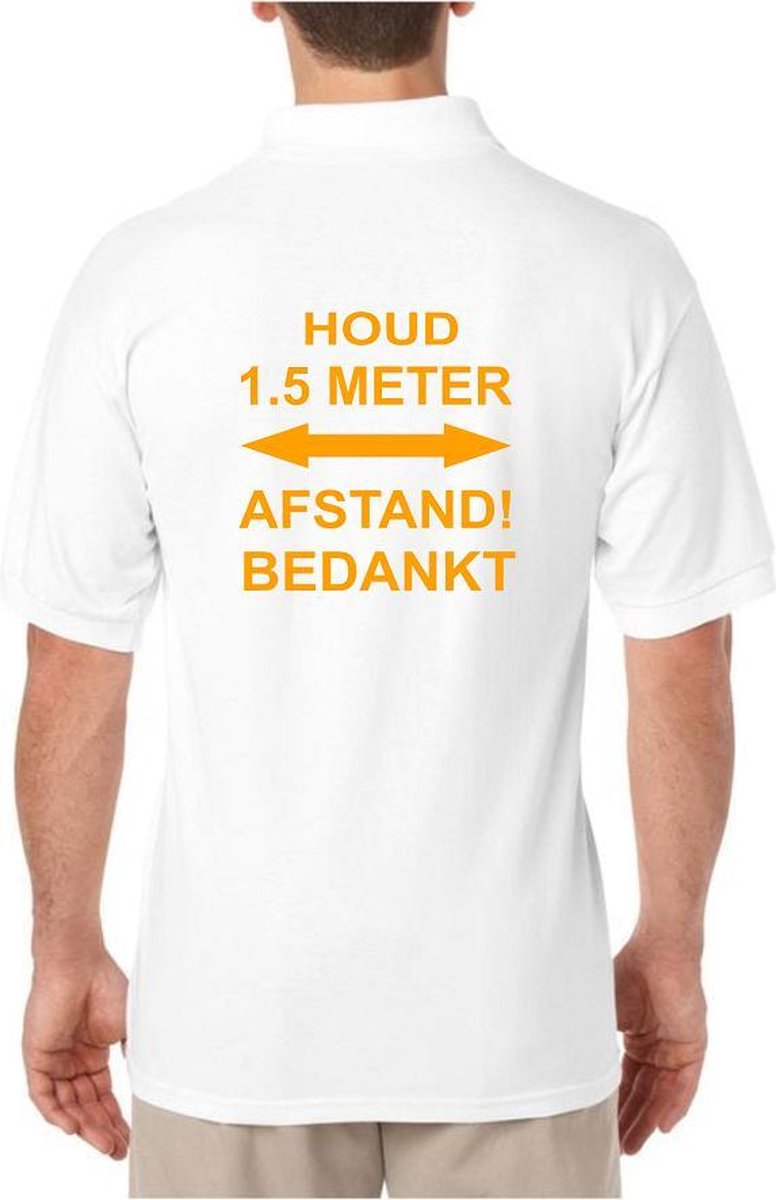 Heren Poloshirt Large - Oranje tekst 1.5 meter afstand - Corona - Bedrijfskleding