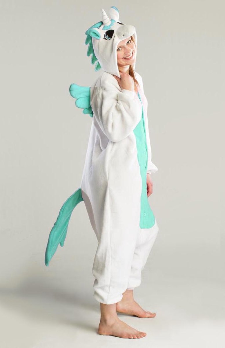 KIMU Onesie Pegasus eenhoorn pak wit turquoise unicorn kostuum - maat L-XL - eenhoornpak jumpsuit huispak
