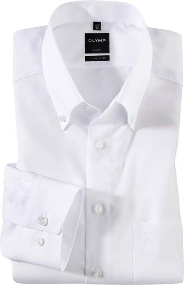 OLYMP Luxor modern fit overhemd - wit met button-down kraag - Strijkvrij - Boordmaat: 47