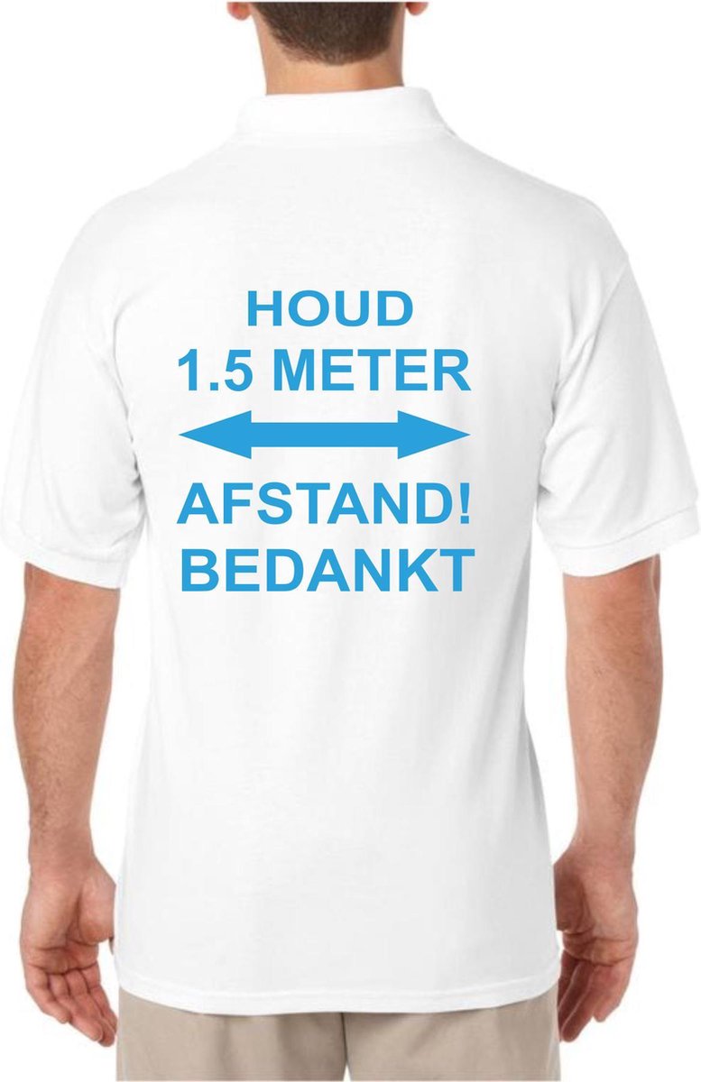 Heren Poloshirt Large - Neon Blauwe tekst 1.5 meter afstand - Corona - Bedrijfskleding