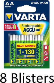 32 Stuks (8 Blisters a 4 st) Varta Oplaadbare Batterijen AA 2100 mAh