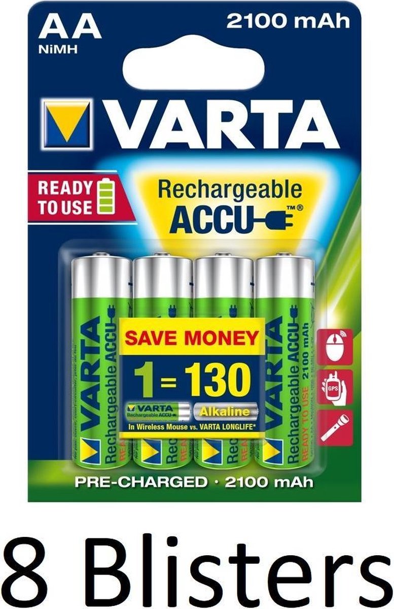 32 Stuks (8 Blisters a 4 st) Varta Oplaadbare Batterijen AA 2100 mAh