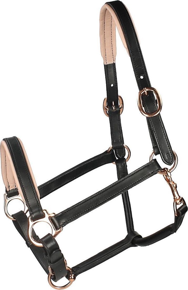 Horsegear Halster  Rosegold Leer - Black-gold - cob