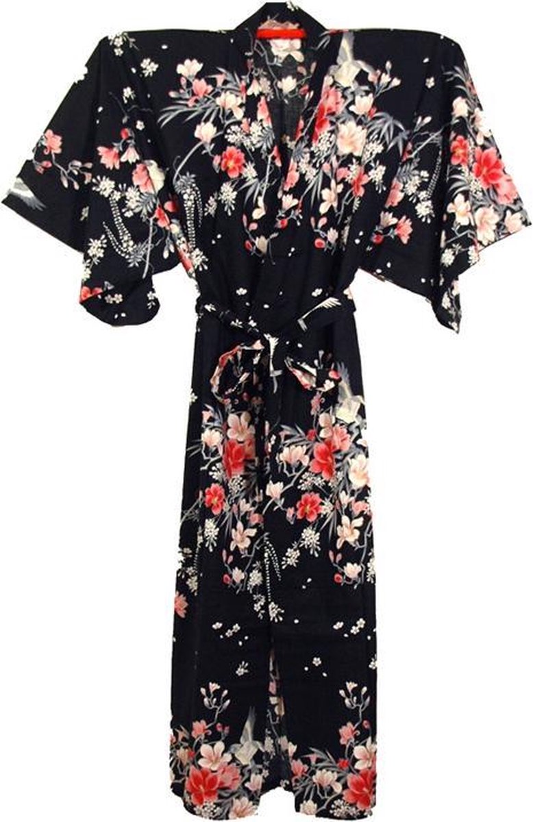 Traditionele Japanse Kimono Yukata  Zwart met Bloemen 100% katoen