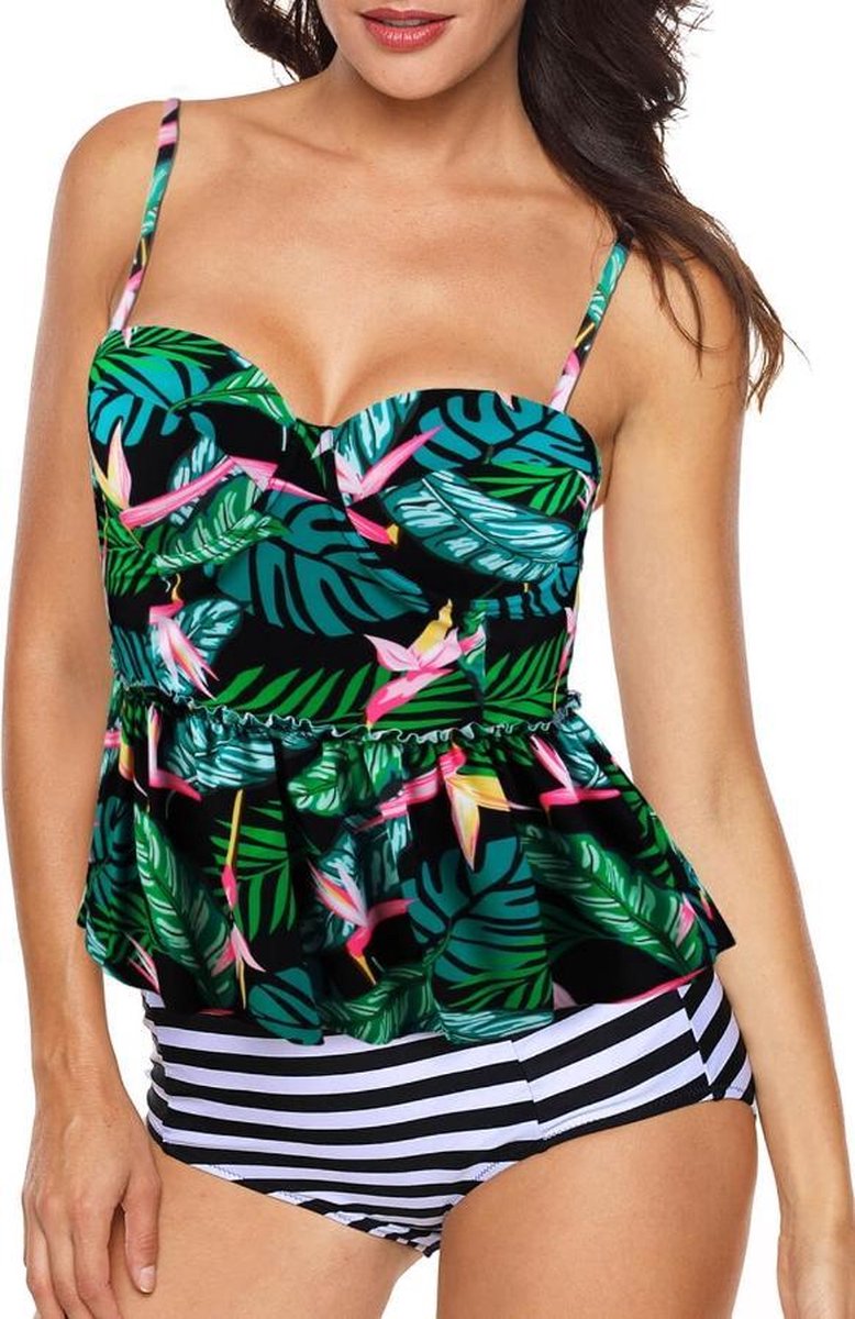 Dames Tankini 2-Delig - Bloemenprint En Ruches Zwart - Maat XL 'Taiane'