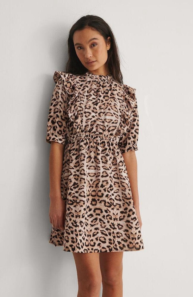 NA-KD High Neck Flounce Mini Vrouwen Jurk - Leopard - Maat EU 36