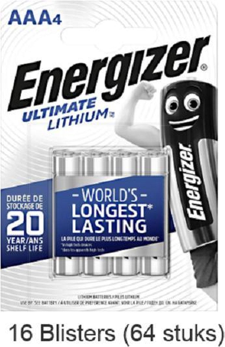 64 stuks (16 blisters a 4 stuks) Energizer AAA Ultimate Lithium 1.5V Micro LR03/FR3