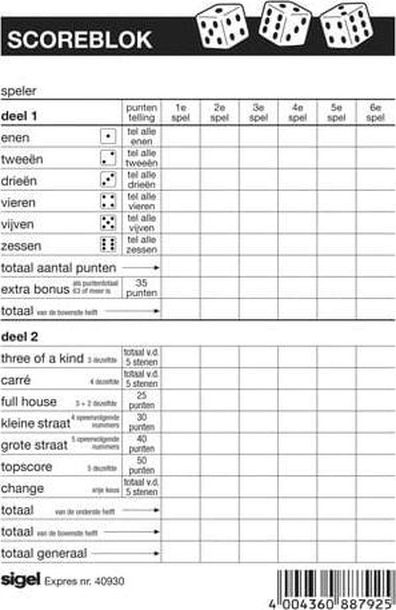 Scoreblok Yahtzee 100 Vel