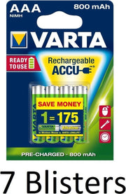 28 Stuks (7 Blisters a 4 st) Varta AAA Oplaadbare Batterijen - 800mAh