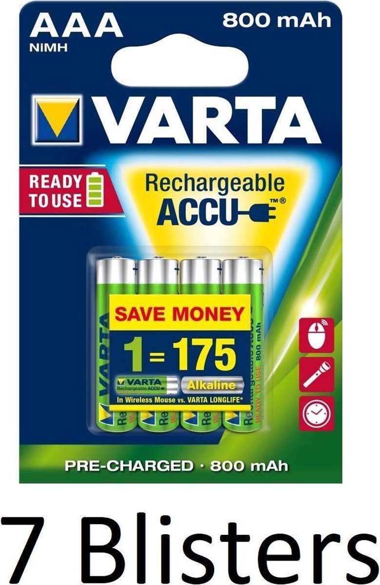 28 Stuks (7 Blisters a 4 st) Varta AAA Oplaadbare Batterijen - 800mAh