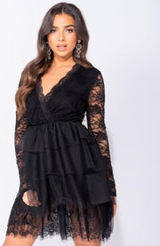 PARISIAN Lace Panel Multi Tier Mesh Mini Dress - Dames - Zwart