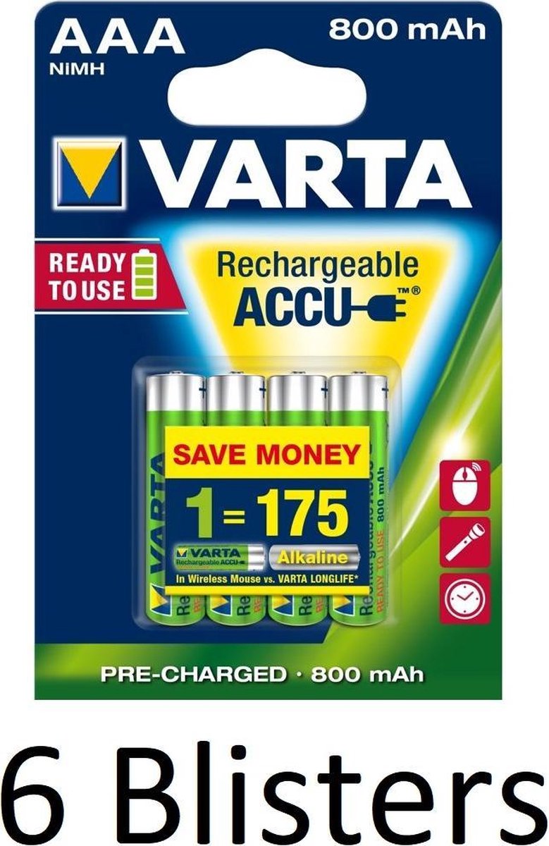 24 Stuks (6 Blisters a 4 st) Varta AAA Oplaadbare Batterijen - 800mAh