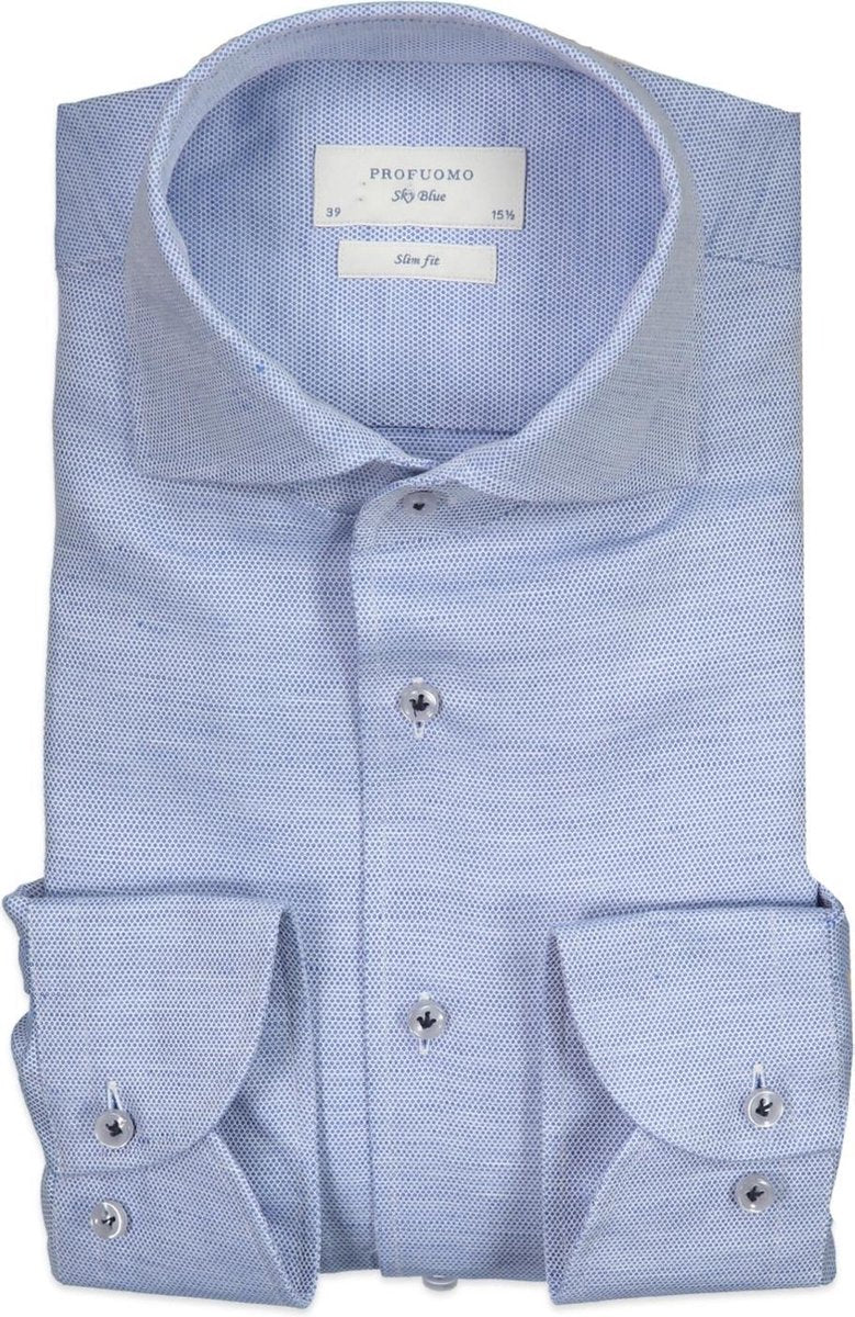 Profuomo   Overhemd Blauw Getailleerd - Maat UK17.5-EU44 - Heren - Lente/Zomer Collectie - Linnen;Katoen