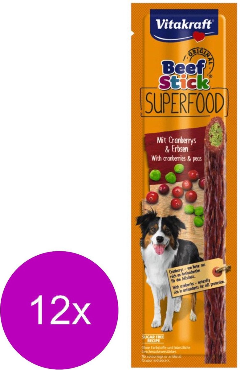 Vitakraft Beef Stick Superfood 25 g - Hondensnacks - 12 x Rund&Erwt&Cranberry