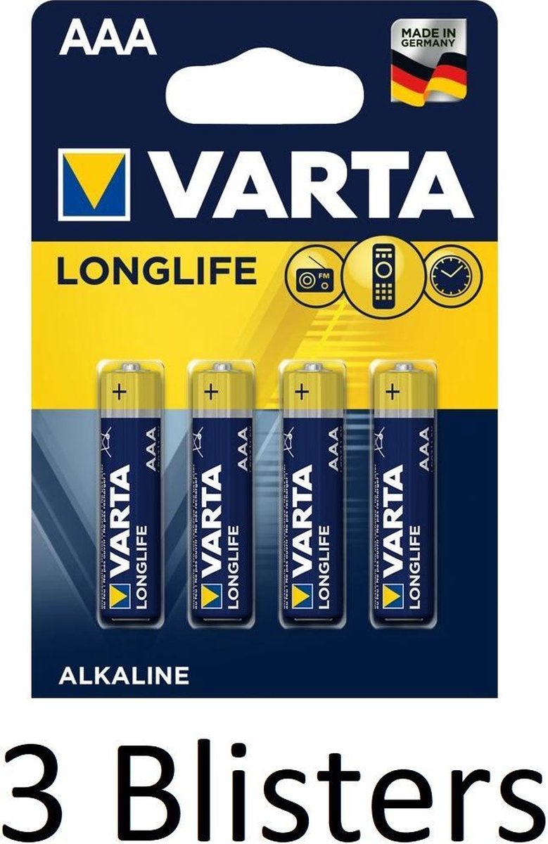 12 Stuks (3 Blisters a 4 st) Varta Longlife AAA Alkaline Batterij