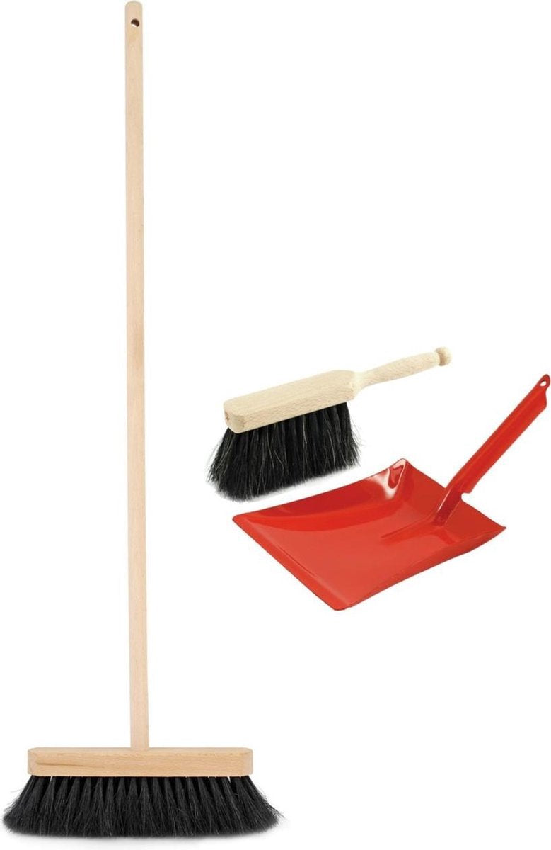 Kinder schoonmaak set bestaande uit stoffer en blik met bezem rood - 3-delige speelgoed set