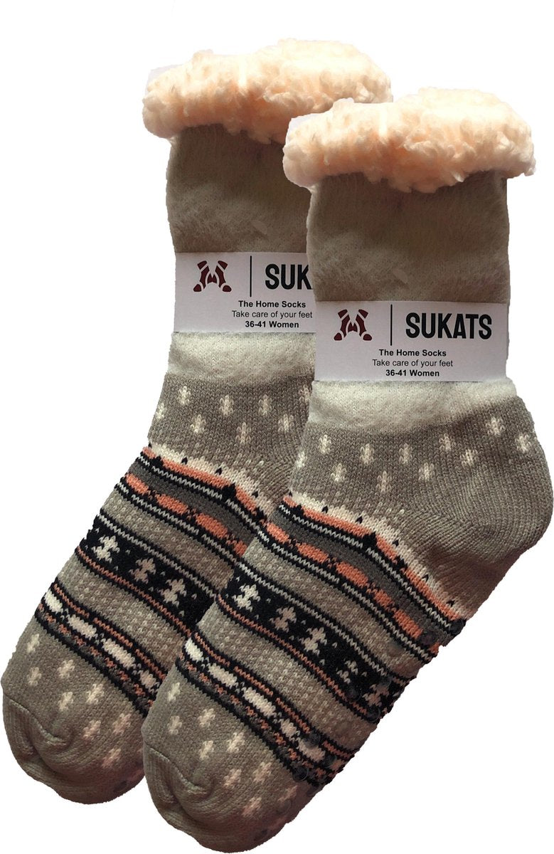 Sukats - Homesocks - Huissokken - Dames en Heren - Maat 36-41 - Grijs - Retro - Anti-Slip - Fluffy - Meerdere Maten en Varianten