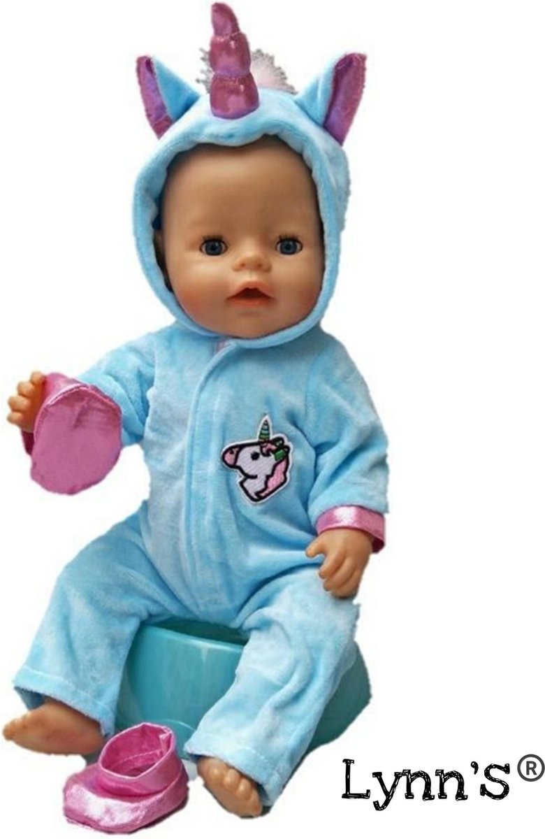 Poppenkleertjes | Geschikt voor Baby Born | Eenhoorn onesie met schoentjes| Blauw en roze | Met capuchon | Pyjama