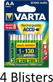 16 Stuks (4 Blisters a 4 st) Varta Oplaadbare Batterijen AA 2100 mAh