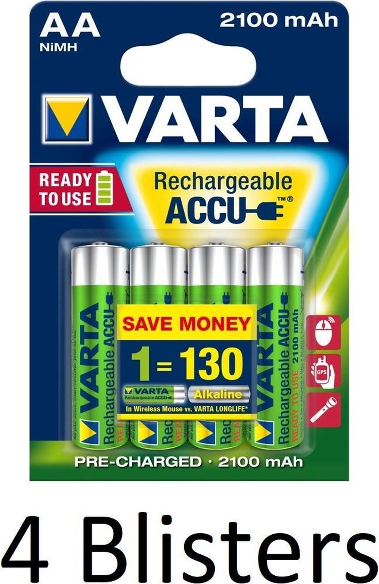 16 Stuks (4 Blisters a 4 st) Varta Oplaadbare Batterijen AA 2100 mAh
