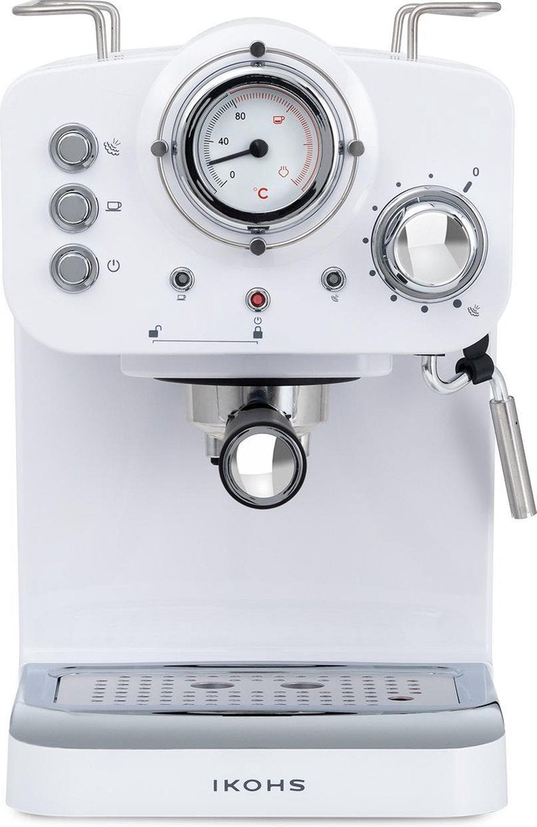 IKOHS Retro Espressomachine – Retro koffiezetapparaat – Wit - Twee koffiearmen - Cappuccinoapparaat