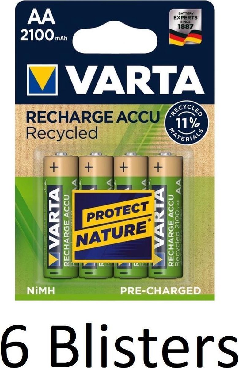 24 Stuks (6 Blisters a 4 st) Varta Recycled AA Oplaadbare Batterijen - 2100 mAh