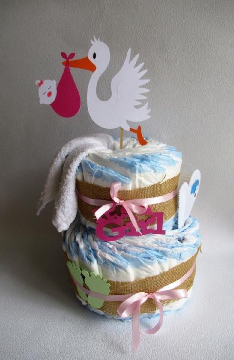 Luiertaart Met Ooievaar En Baby Roze | Kraamcadeau | Kraampakket | Baby Cadeau