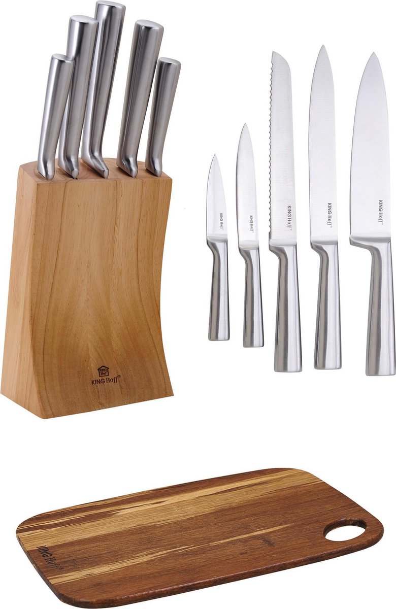 Messenset met houten opbergblok 7 delig – RVS – houten roteerbare Messenblok Norberg + Bamboe Snijplank