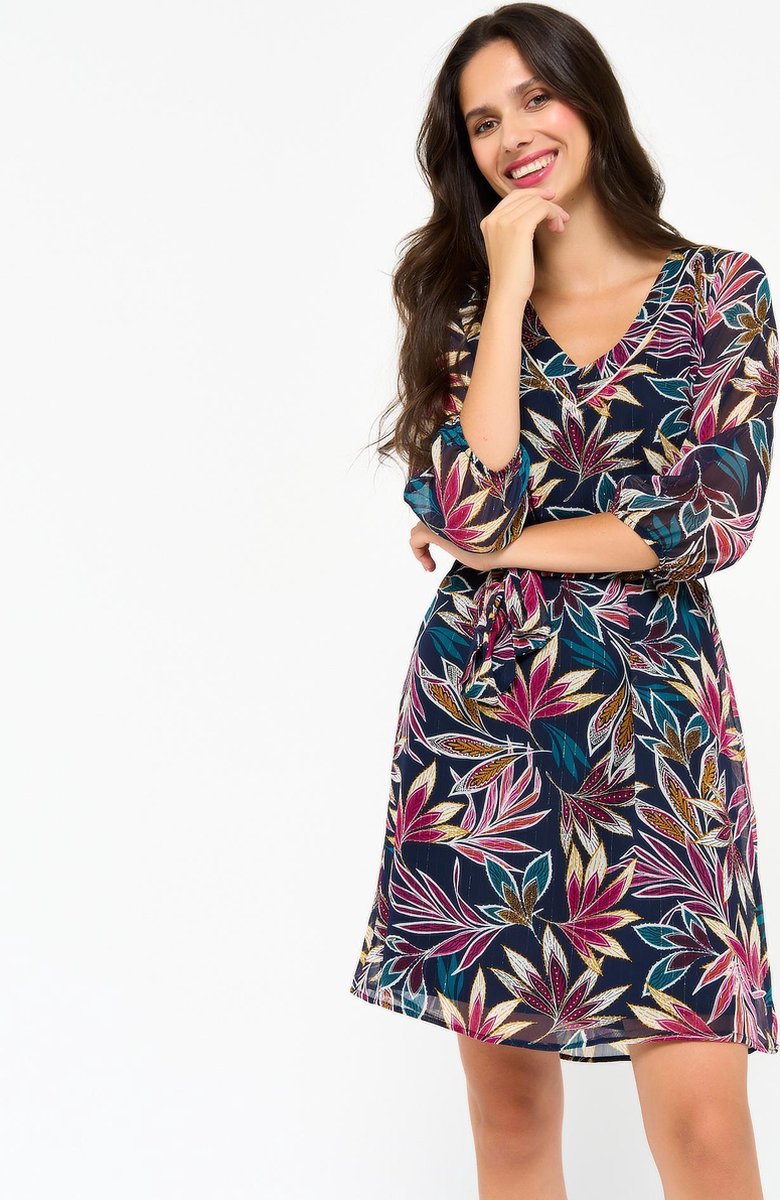 Jurk met kleurrijke planten print - Marine Blauw