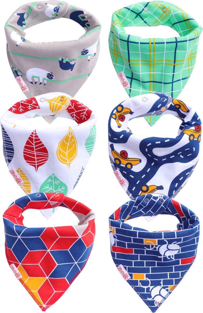 Bandana slabbetjes baby KliederZ | Stoere kwijl slabben Jongens | 6 stuks Puntslabbers Luiaard Kevers blauw groene print | BB06