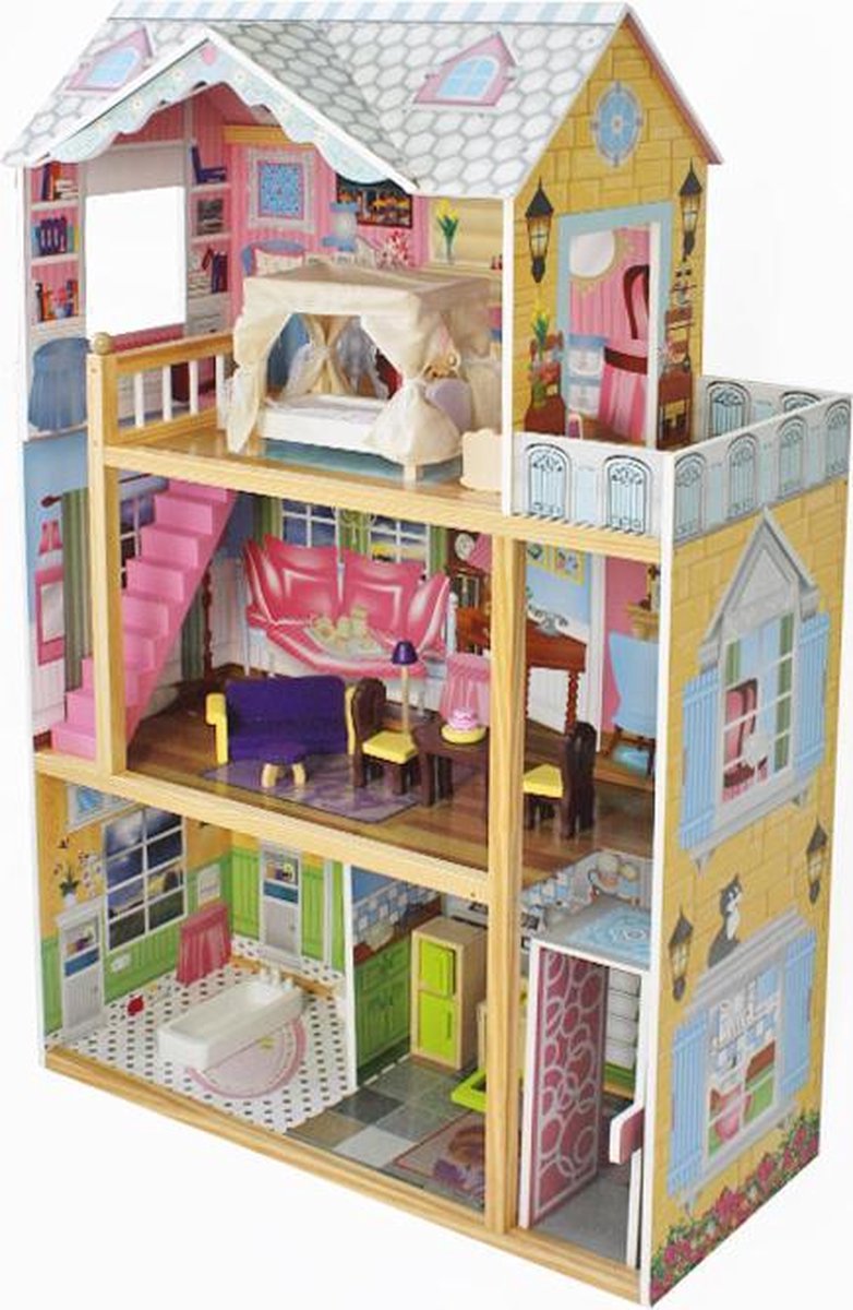 Houten Poppenhuis XL | Meubelset 10pcs | 82 x 29 x 116cm