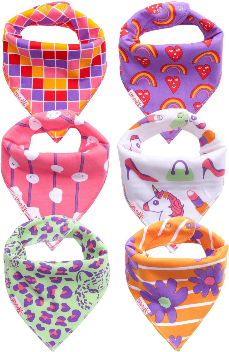 Bandana slabbetjes baby KliederZ | Kleurrijke kwijl slabben Meisjes | 6 stuks Puntslabbers Luipaard Unicorn print | BB05