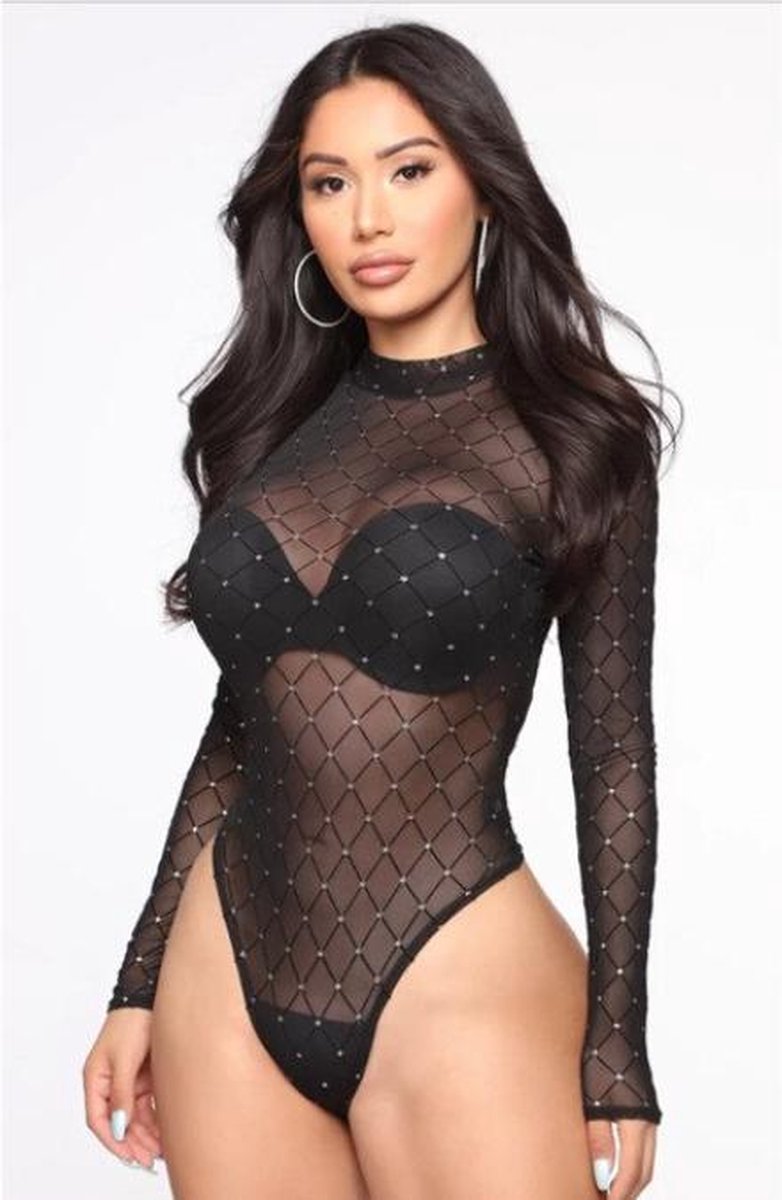 Zwarte Sprankelende Body met lange mouwen - Sass Black