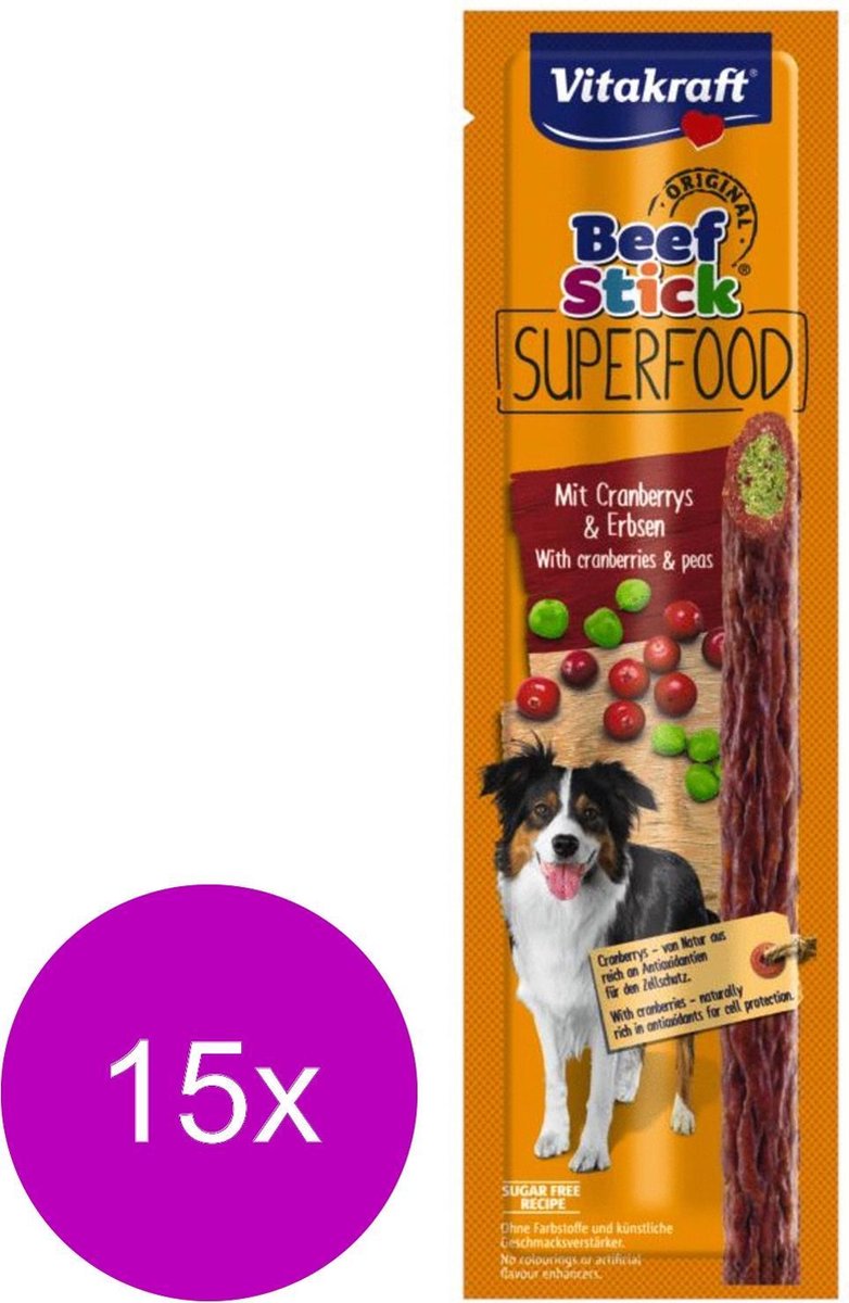 Vitakraft Beef Stick Superfood 25 g - Hondensnacks - 15 x Rund&Erwt&Cranberry
