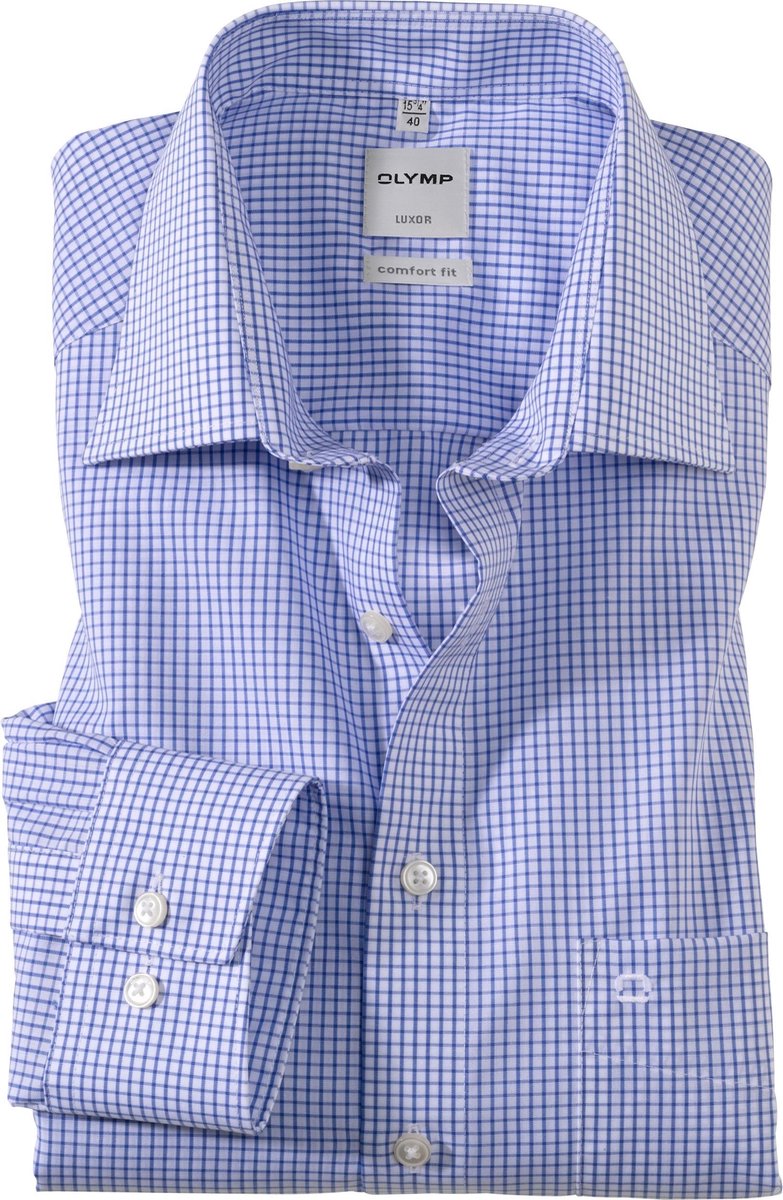 OLYMP Luxor comfort fit overhemd - blauw met wit geruit - Strijkvrij - Boordmaat: 47