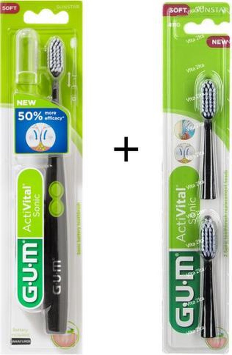 1x GUM Activital Sonic Elektrische Tandenborstel - Zwart + 1x GUM Opzetborstels Zwart