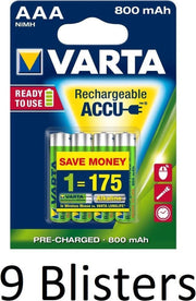 36 Stuks (9 Blisters a 4 st) Varta AAA Oplaadbare Batterijen - 800mAh